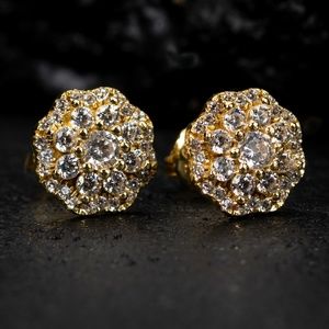 Yellow Gold Men's Flower 925 Sterling Silver Cluster Cz Stud Fashion Earrings